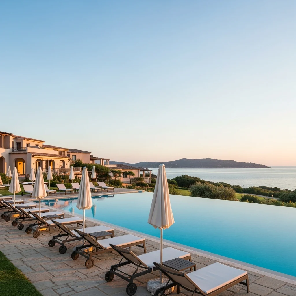Vista aerea di un lussuoso resort in Sardegna con piscine a sfioro e giardini rigogliosi, in attesa di riapertura.