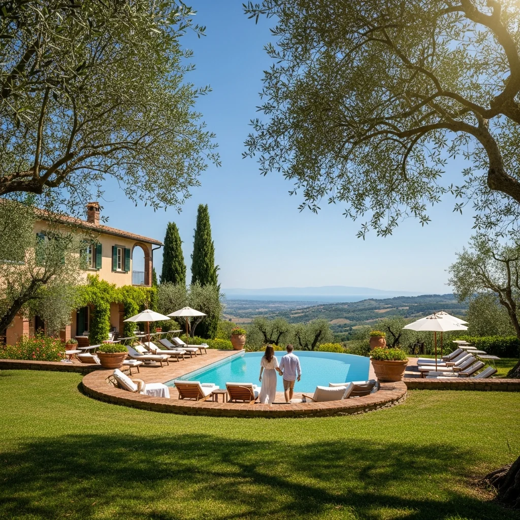 Vista panoramica di un lussuoso country resort toscano con piscina a sfioro, giardini mediterranei e la costa etrusca in lontananza, con una coppia di spalle che passeggia.