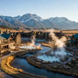 Veduta aerea di un resort storico con sorgenti termali naturali lungo un fiume, circondato da montagne innevate in Montana, con vapore che sale dalle piscine.