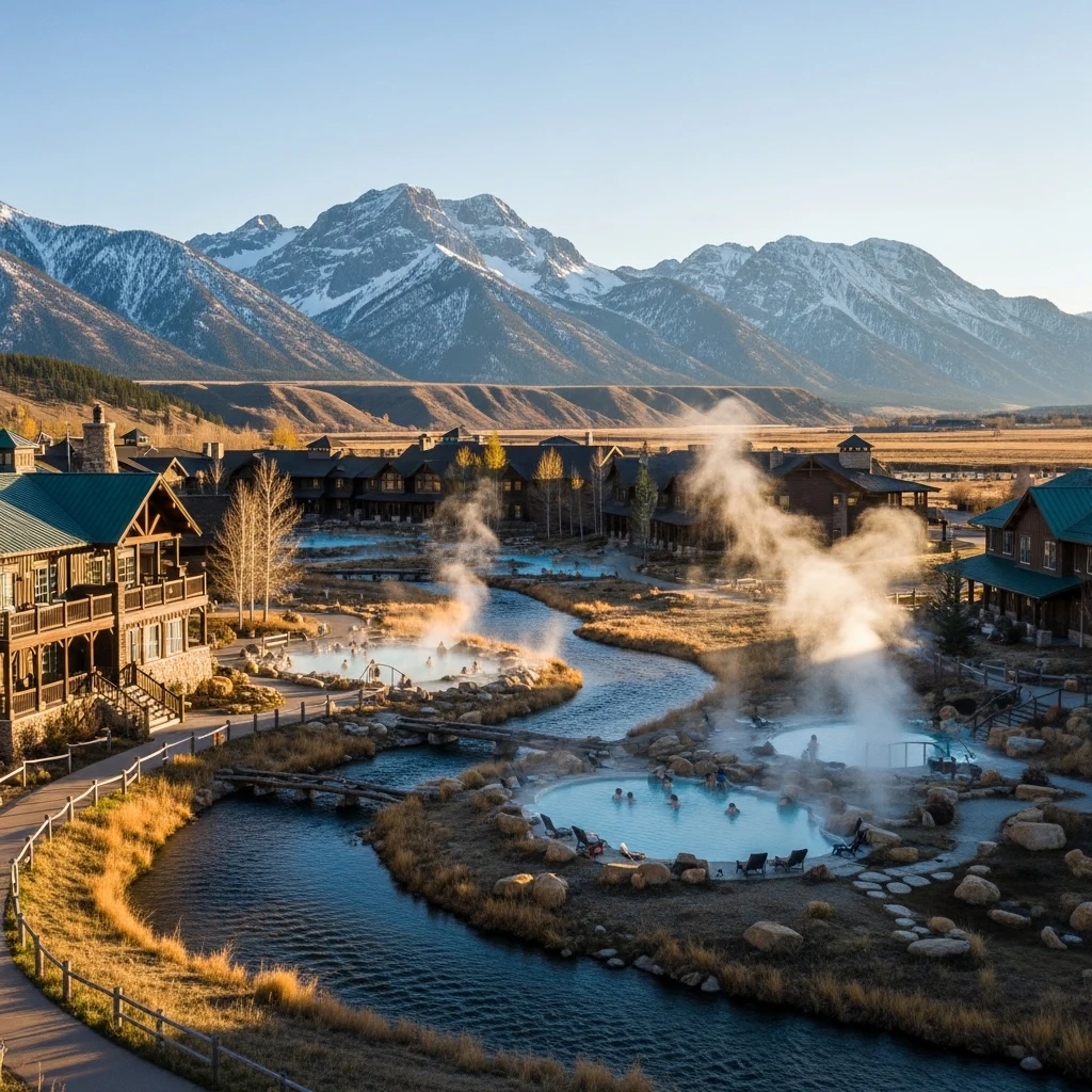 Veduta aerea di un resort storico con sorgenti termali naturali lungo un fiume, circondato da montagne innevate in Montana, con vapore che sale dalle piscine.