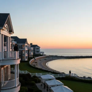 Vista panoramica di un lussuoso resort fronte mare a Cape Cod con architettura elegante e l'oceano sullo sfondo.