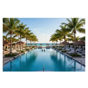 Piscina a laguna di un lussuoso resort all-inclusive in Florida, con palme e lettini, e il mare in lontananza.