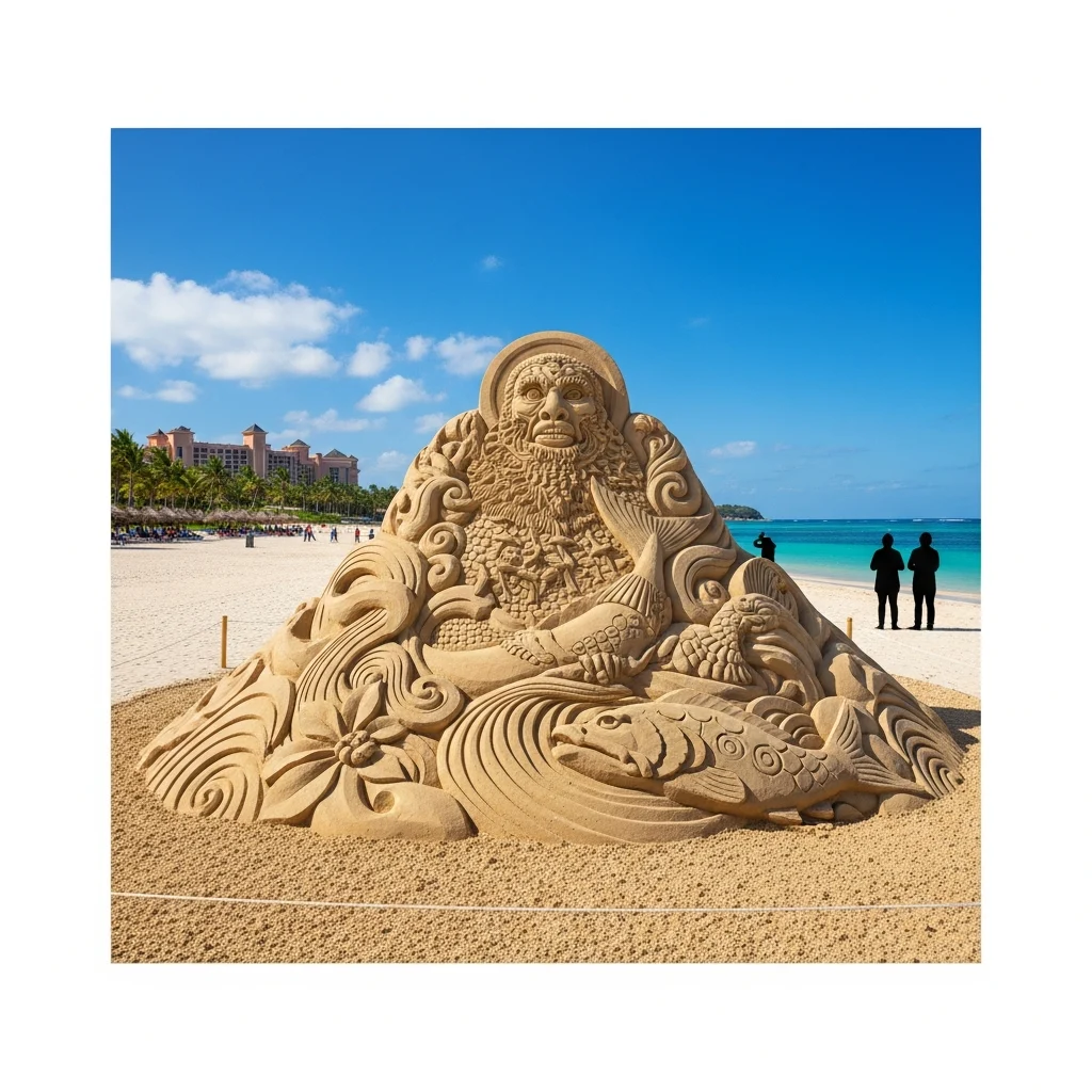 Imponente scultura di sabbia su una spiaggia soleggiata con un resort di lusso sullo sfondo.