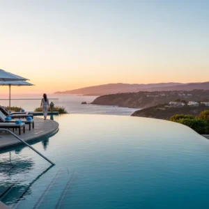Piscina a sfioro di un lussuoso resort con vista sulla costa americana al tramonto.