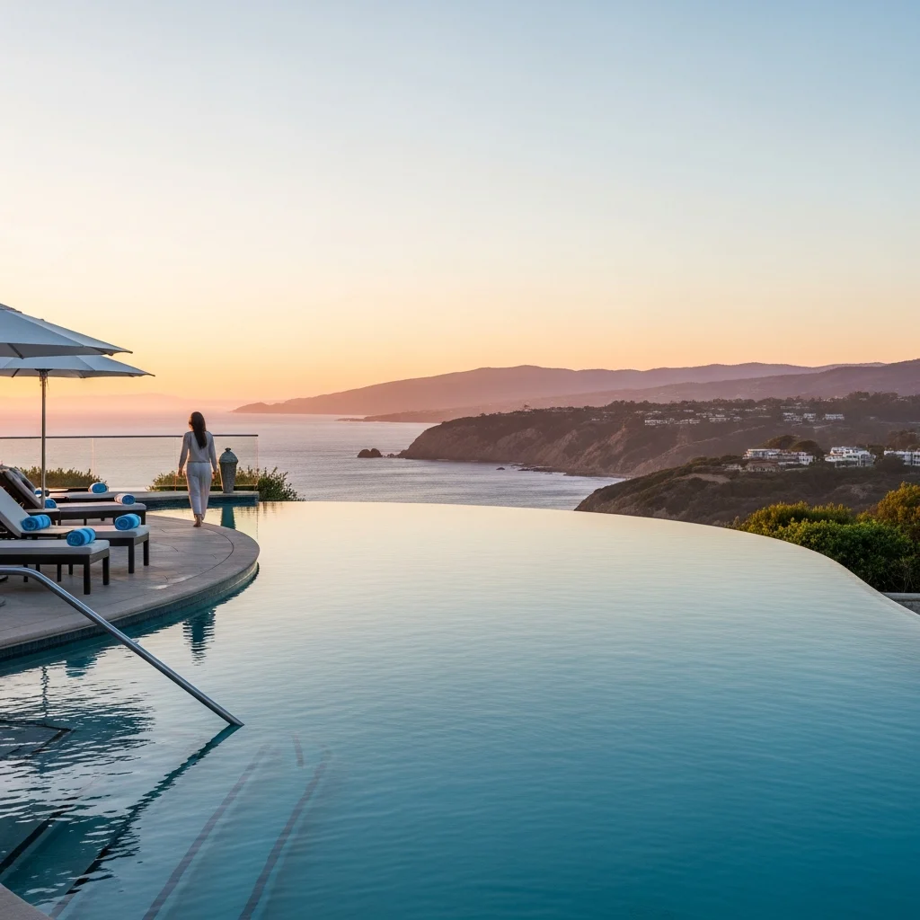 Piscina a sfioro di un lussuoso resort con vista sulla costa americana al tramonto.