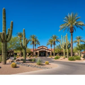 L'ingresso di un lussuoso resort in Arizona con architettura sud-occidentale, circondato da cactus saguaro e palme.