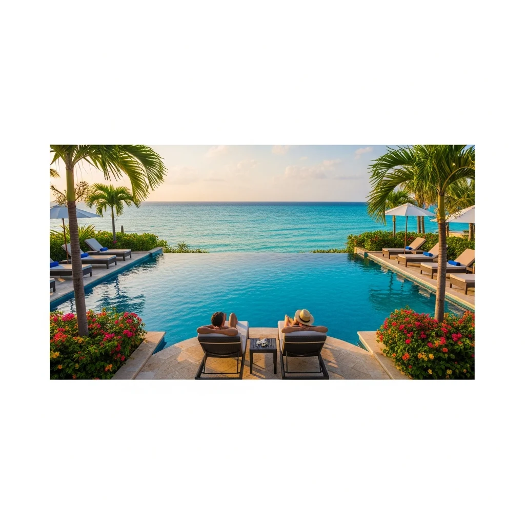 Coppia vista di spalle che si rilassa su lettini a bordo piscina in un lussuoso resort tropicale con vista sull'oceano al tramonto.