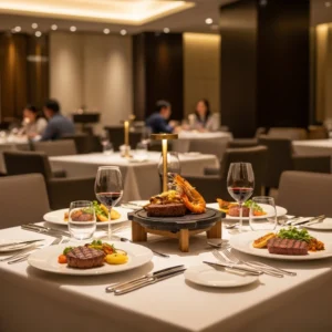 Una famiglia seduta a un tavolo elegante mentre gusta una cena gourmet di steak e frutti di mare in un ristorante di resort.