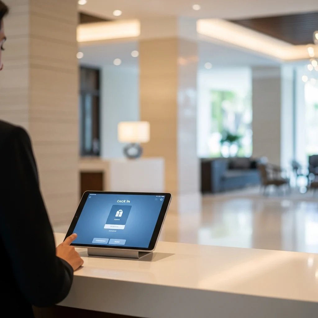 Un elegante tablet su un bancone della reception di un resort moderno, con un ospite di spalle che interagisce con un'interfaccia digitale.