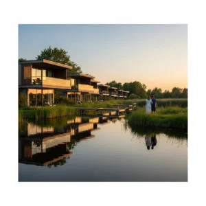 Architettura moderna di un resort di lusso integrata nel paesaggio naturale del Delta del Po, con riflessi sull'acqua e una coppia in lontananza che osserva il tramonto.