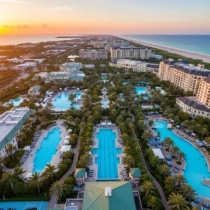 Vista aerea panoramica di un lussuoso resort in Florida con piscine, giardini tropicali e la spiaggia al tramonto.