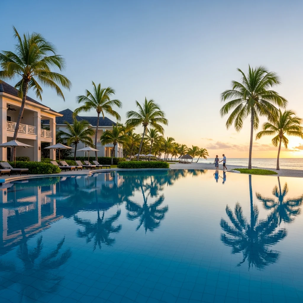 Piscina a sfioro di un lussuoso resort caraibico con palme e mare turchese, al tramonto.