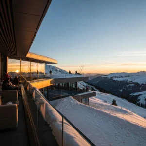 Resort di lusso in montagna al tramonto, con design moderno e luci calde, immerso in un paesaggio innevato.