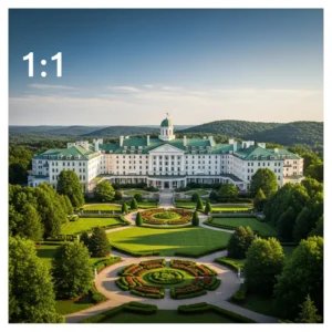 La facciata iconica del Greenbrier Resort, con i suoi tetti verdi e giardini rigogliosi, sotto un cielo sereno.