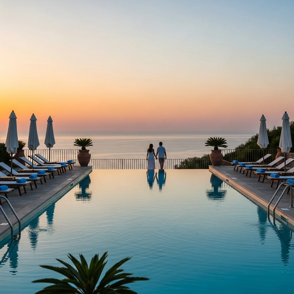 Piscina a sfioro di un lussuoso resort toscano con vista sul mare al tramonto e due figure in lontananza