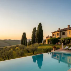 Vista panoramica di un lussuoso country resort italiano con una villa storica, piscina a sfioro e colline verdi al tramonto.