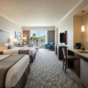 Interno di una spaziosa suite familiare in un lussuoso resort Westgate, con arredi moderni e una famiglia vista di spalle che si gode l'ambiente.