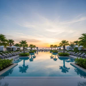 Piscina a sfioro di un lussuoso resort appena inaugurato al tramonto, con palme e sedie a sdraio.