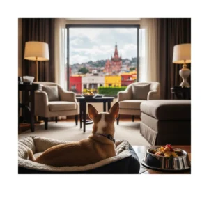 Un piccolo Chihuahua rilassato su un cuscino di lusso all'interno di una suite elegante di un resort in Messico, con vista su un giardino lussureggiante.