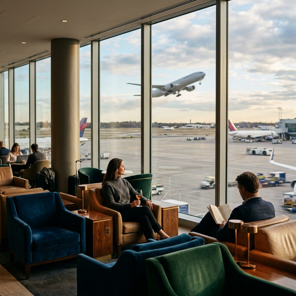 Scena di un lussuoso lounge aeroportuale con passeggeri visti di spalle che si rilassano prima di un volo.