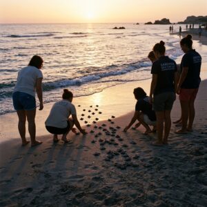 Turisti e staff di un resort in Sardegna aiutano oltre 50 tartarughe Caretta caretta appena nate a raggiungere il mare al tramonto.