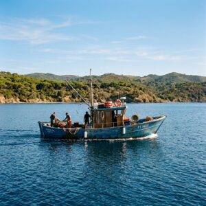 Barca da pesca tradizionale in Maremma con la costa toscana sullo sfondo, in una giornata di sole.