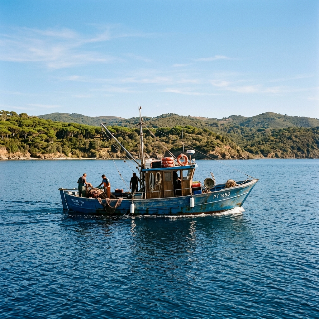 Barca da pesca tradizionale in Maremma con la costa toscana sullo sfondo, in una giornata di sole.