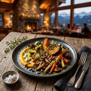 Piatto gourmet con ingredienti autunnali su un tavolo di legno, con lo sfondo sfocato di un ristorante di lusso in un resort montano.