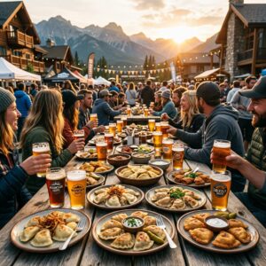 Tavoli imbanditi con pierogi e birre artigianali in un festival culinario all'interno di un resort montano al tramonto.
