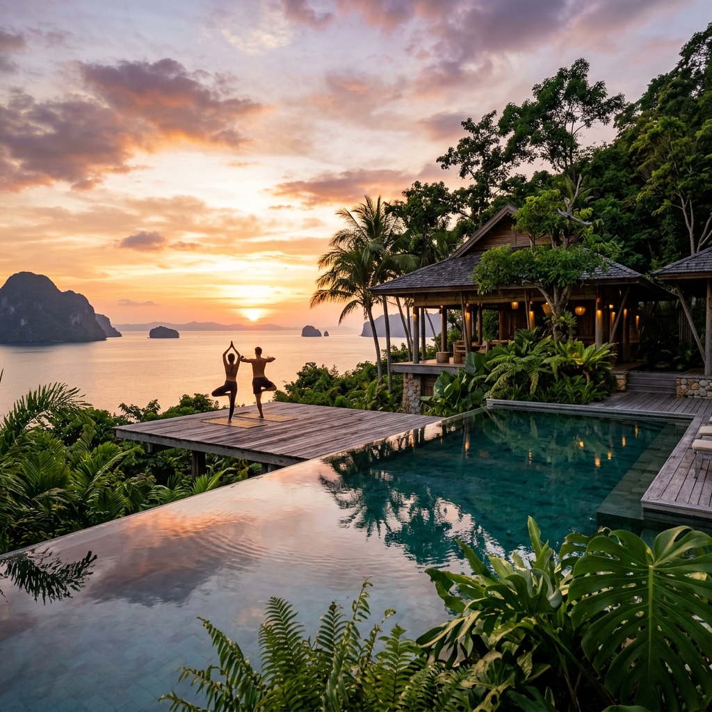 Coppia di spalle che pratica yoga al tramonto su una terrazza in legno con vista su una piscina a sfioro e il mare in un lussuoso resort tailandese.