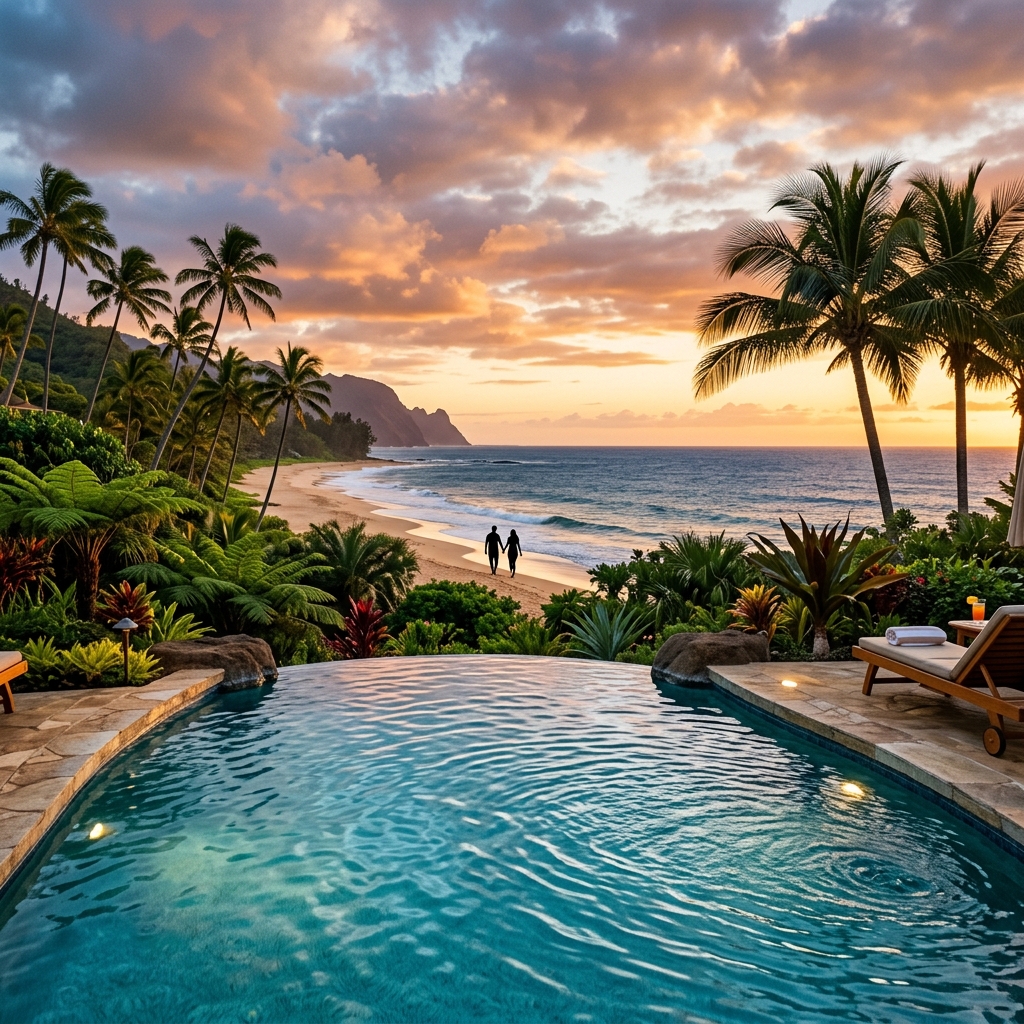 Piscina a sfioro di un lussuoso resort a Kaua'i con vista su una spiaggia tropicale al tramonto.
