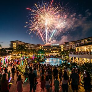 Fuochi d'artificio illuminano il cielo sopra un resort moderno e festoso, con famiglie e bambini in lontananza che ammirano lo spettacolo nel parco giochi illuminato. (Immagine generata con IA)