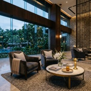 Interni lussuosi di un resort moderno, con arredi eleganti e illuminazione soffusa, che invitano al relax. (Immagine generata con IA)