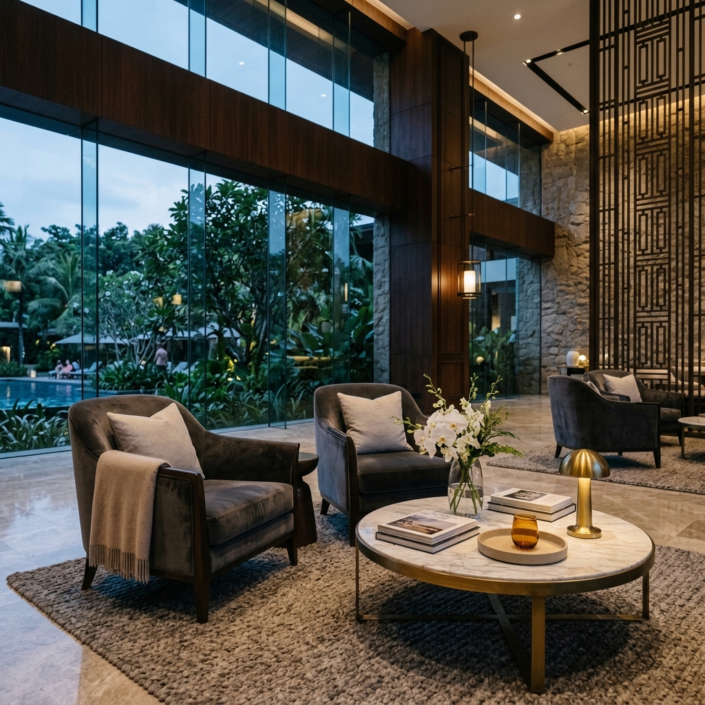 Interni lussuosi di un resort moderno, con arredi eleganti e illuminazione soffusa, che invitano al relax. (Immagine generata con IA)