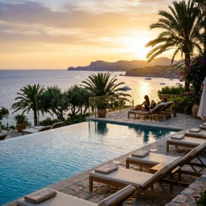 Piscina a sfioro di un lussuoso resort a Maiorca con palme e vista sul mare al tramonto, con due persone viste di spalle che si rilassano. (Immagine generata con IA)