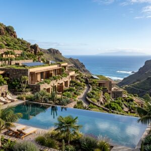 Eco-resort di lusso integrato in un paesaggio naturale protetto di Gran Canaria, con vegetazione lussureggiante e vista sull'oceano.