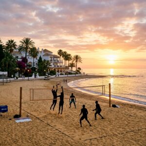 Campo da beach volley su una spiaggia di sabbia dorata di fronte a un lussuoso resort spagnolo al tramonto, con persone che giocano in lontananza.