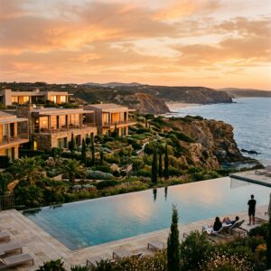 Vista aerea di un lussuoso resort moderno in Portogallo al tramonto, con una piscina a sfioro e giardini lussureggianti.