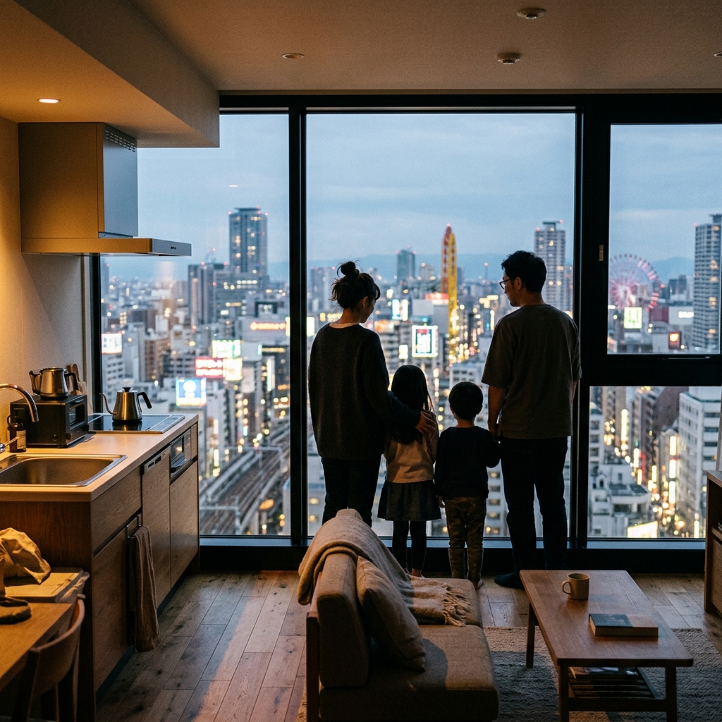 Famiglia vista di spalle che ammira lo skyline notturno di Osaka da un moderno appartamento hotel.