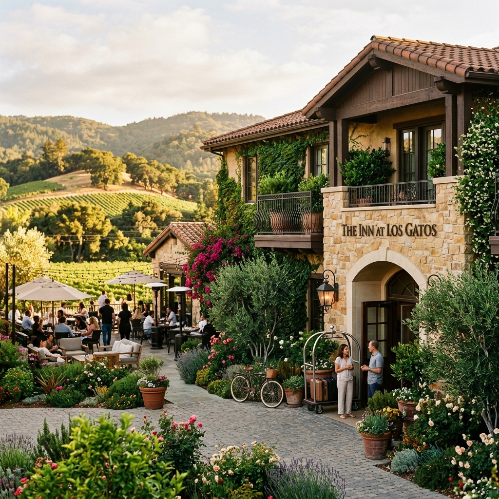 Esterno elegante di un boutique hotel a Los Gatos, California, con architettura raffinata e giardini curati, sotto una luce calda del tramonto.