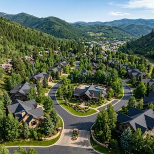 Vista aerea di un lussuoso complesso residenziale in montagna con case moderne, immerso nel verde e circondato da dolci colline.