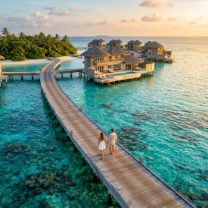 Villa sull'acqua di lusso alle Maldive con acque cristalline e una coppia vista di spalle su un pontile.