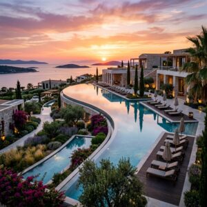 Panoramica serale di un lussuoso resort moderno con piscine illuminate e giardini mediterranei.