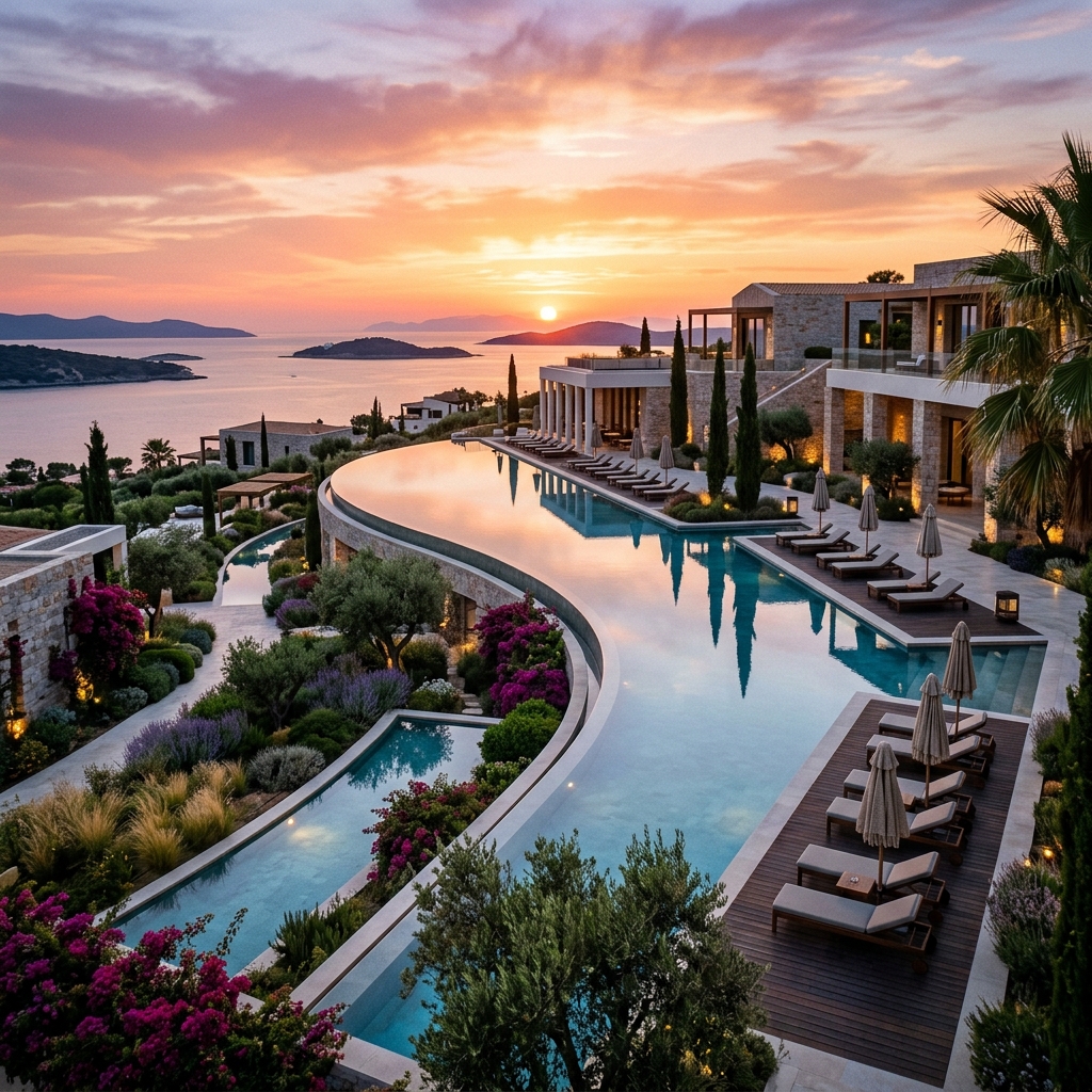 Panoramica serale di un lussuoso resort moderno con piscine illuminate e giardini mediterranei.