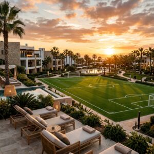 Campo da calcio perfettamente curato di un lussuoso resort ad Alicante, con area spa esterna e palme al tramonto. (Immagine generata con IA)