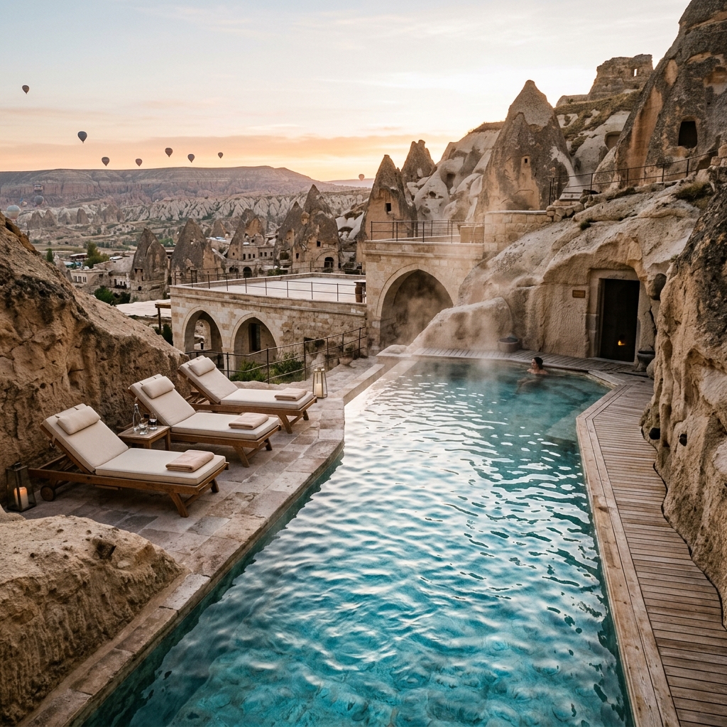Piscina termale di lusso con vapore che sale, integrata tra le iconiche formazioni rocciose a camino di fata della Cappadocia, Turchia, con un pallone aerostatico in lontananza.