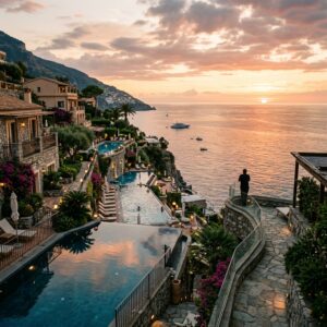 Un resort di lusso sulla costa italiana al tramonto, con una persona in lontananza che osserva il mare da una terrazza privata.