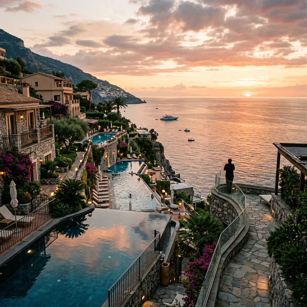 Un resort di lusso sulla costa italiana al tramonto, con una persona in lontananza che osserva il mare da una terrazza privata.