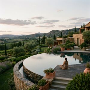Un'elegante area spa all'aperto in un resort di lusso italiano, con piscina a sfioro, giardini mediterranei e una persona in lontananza che pratica yoga.