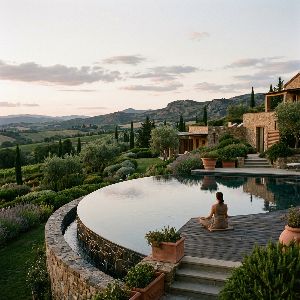 Un'elegante area spa all'aperto in un resort di lusso italiano, con piscina a sfioro, giardini mediterranei e una persona in lontananza che pratica yoga.